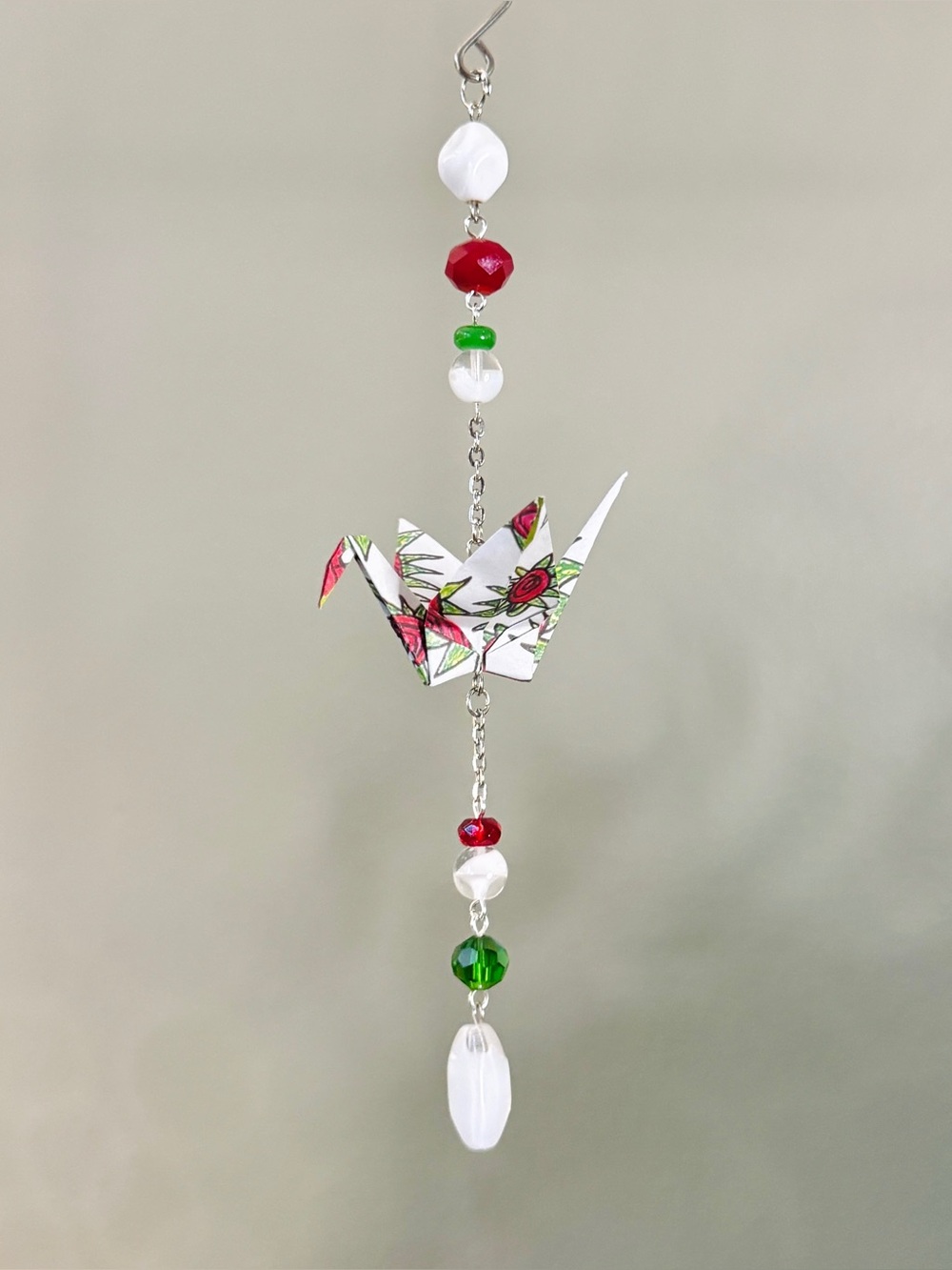 Origami Ornament #2543 - Small Crane with Glass Beads